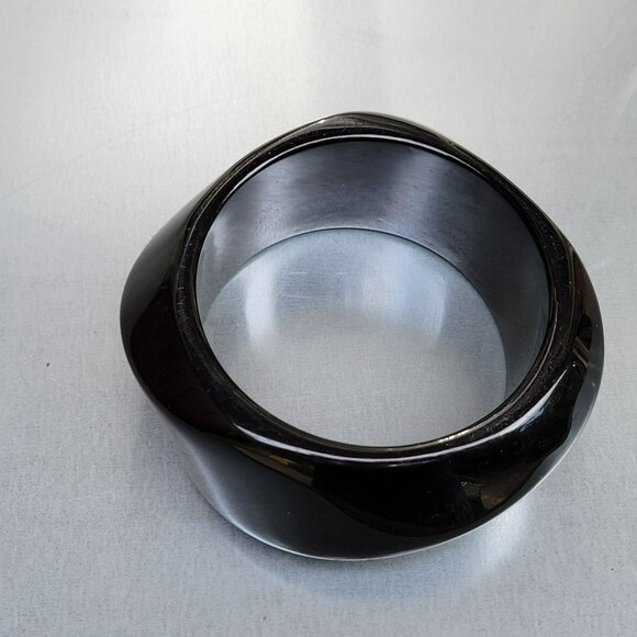 Vintage Chunky Black Lucite Bangle Bracelet Geometric Dome Modernist - Picture 9 of 13